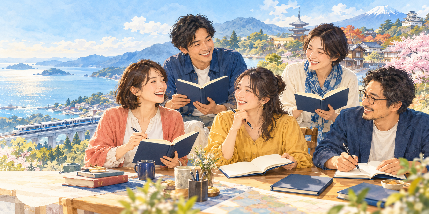 旅先の街を背景に、笑顔で手帳を開き語り合う人たちのイラスト